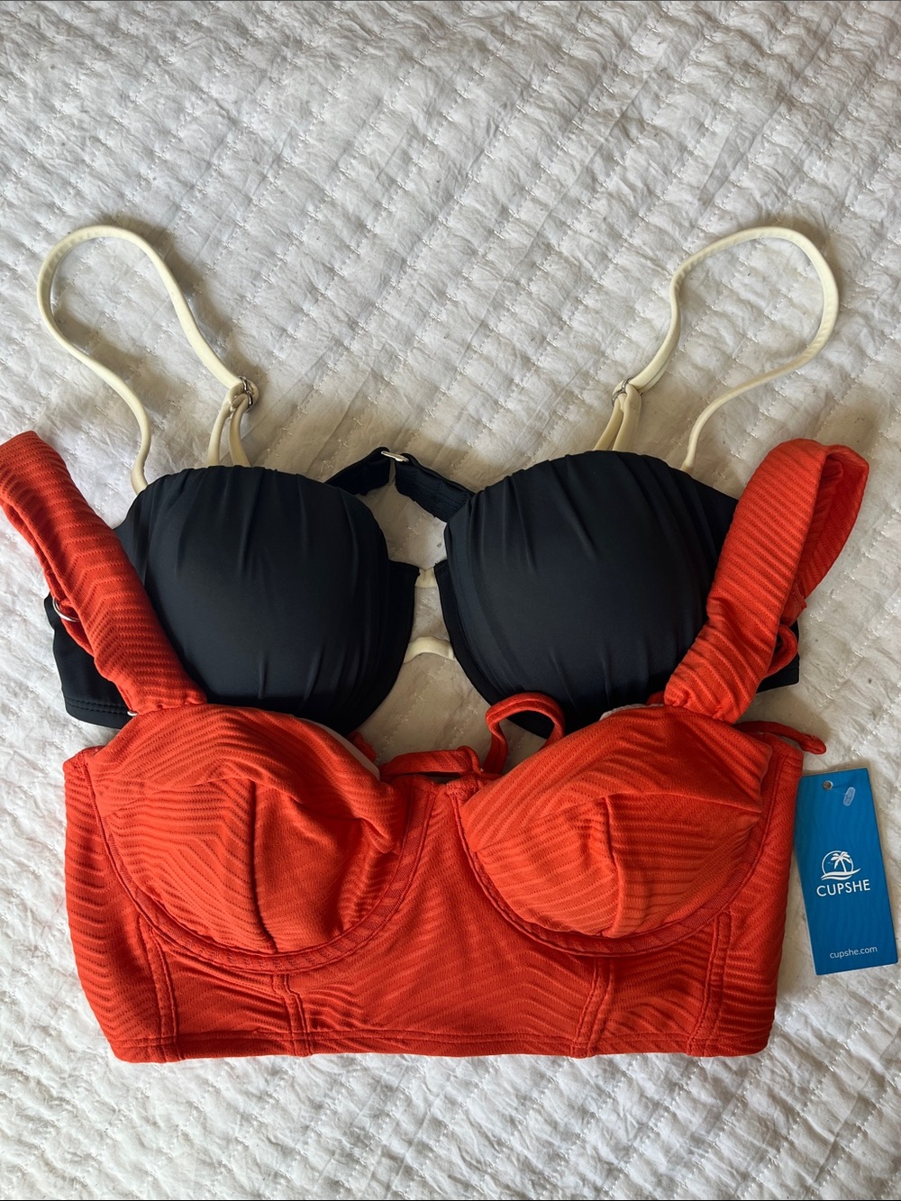 Cupshe Orange Ribbed Bustier Swim Top with Black Bikini top MEDIUM